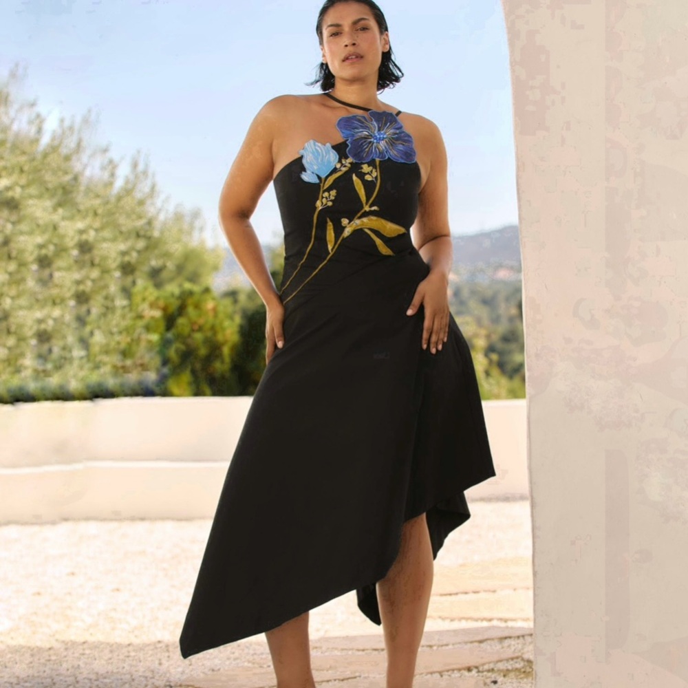 Yukiko Noritake X Anthropologie Asymmetrical Floral Midi Black Dress